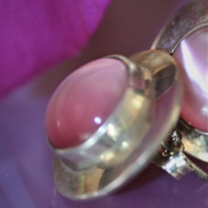 Vintage Hallmarked Sterling Silver and Domed Pink Cats Eye Art Glass Post Earrings
