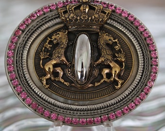 Ermani Bulatti Pink Crystal Vintage Edwardian Lion Crest Brooch