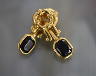 Trifari Vintage Goldtone Art Deco Modernist Drop Dangle Black Stone Post Back Earrings