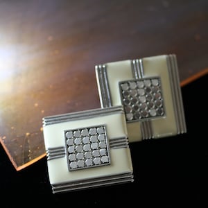 Whiting and Davis Vintage Art Deco Cream Enamel and Silver Clip on Earrings