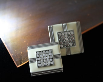 Whiting and Davis Vintage Art Deco Cream Enamel and Silver Clip on Earrings