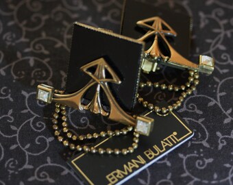 Ermani Bulatti Vintage Onyx and Goldtone Art Deco Modernist Earrings
