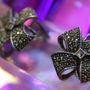 Exquisite Feminine Sterling and Marcasite Vintage Bow Earrings
