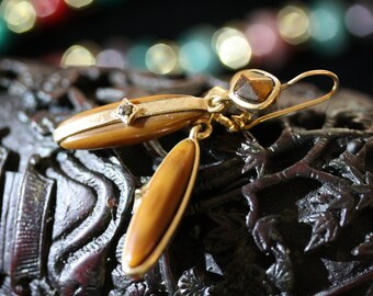 Monet Vintage Art Deco Milk Choc & Tiger's Eye Dangle Earrings