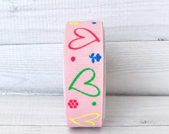 2 Yards 7/8" Pink Hearts Dots and Flowers Grosgrain Ribbon