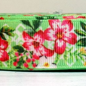 2 Yards 7/8&quot; Shocking Pink Wild Summer Rose Flower - Floral Print Grosgrain Ribbon