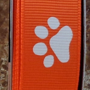 2 Yards 7/8&quot; Orange with White Animal Paw Print  Grosgrain Ribbon - Team - Cheer - School - US Designer