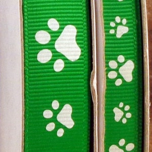 2 Yards 3/8&quot; or 5/8&quot; US Designer Emerald Green Animal Paws - Cheer or Sport - Grosgrain Ribbon Print