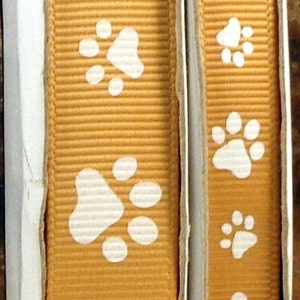2 Yards 3/8&quot; or 5/8&quot; US Designer Gold Animal Paws - Cheer or Sport - Grosgrain Ribbon Print