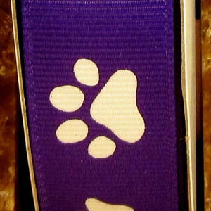 2 Yards 7/8&quot; Regal Purple with White Animal Paw Print  Grosgrain Ribbon - Team - Cheer - School - US Designer