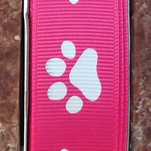 2 Yards 7/8&quot; Shocking Pink with White Animal Paw Print  Grosgrain Ribbon - Team - Cheer - School - US Designer