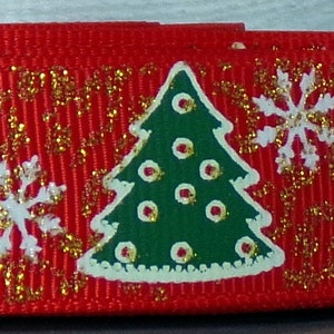 2 Yards 7/8" Christmas Holiday Red with Christmas Trees, Snowflakes & Gold Glitter Print Grosgrain Ribbon