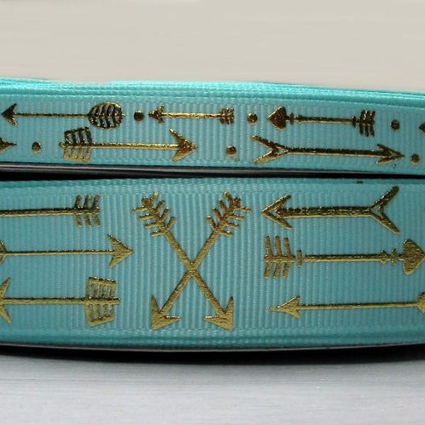 2 or More Yards 3/8" or 7/8" Aqua with Gold Foil Arrow - Quill Print Grosgrain Ribbon - U.S. Designer