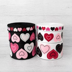 2 or More Yards 3/8", 7/8" or 1.5 Black Quilted Heart - Valentine Heart Grosgrain Ribbon on Black & White - Your Choice of Color