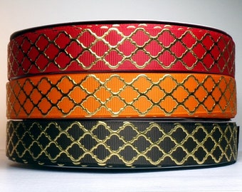 2 Yards or More 7/8" Gold Foil Quatrefoil -  Arabesque Print Grosgrain Ribbon - Your Choice of Color