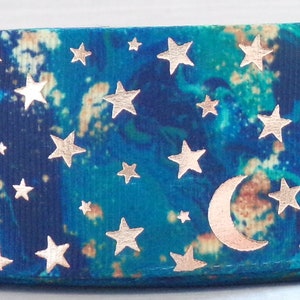 2 Yards 1.5" Gold Foil Moon and Stars Celestial Blue/Green Print Grosgrain Ribbon