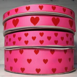 2 Yards of Your Choice of 3/8, 5/8&quot;, 7/8&quot; or 1.5&quot; Valentines Day Red Hearts on Hot Pink Grosgrain Ribbon Print