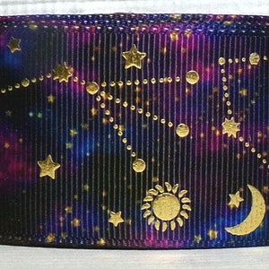 2 or More Yards 1.5" Gold Foil Celestial Star Map Multicolor Purples and Blues Tie Dye Print Grosgrain Ribbon