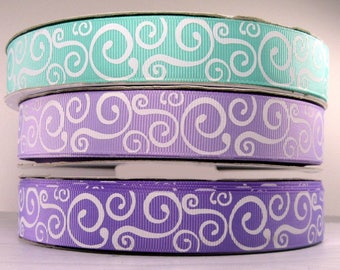 2 Yards or More 7/8" US Designer Aqua - Light Orchid - Orchid with White Scroll - Swirl Print Grosgrain Ribbon - Your Choice of Color