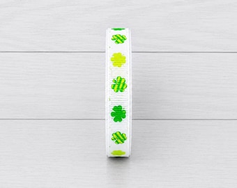 2 Yards 3/8" St. Patrick's Day White with Green Shamrock Fun Print Grosgrain | Green Clover Ribbon on White | Irish Ribbon for Wreaths