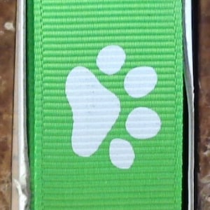 2 Yards 7/8&quot; New Apple Green - Lime with White Animal Paw Print  Grosgrain Ribbon - Team - Cheer - School - US Designer