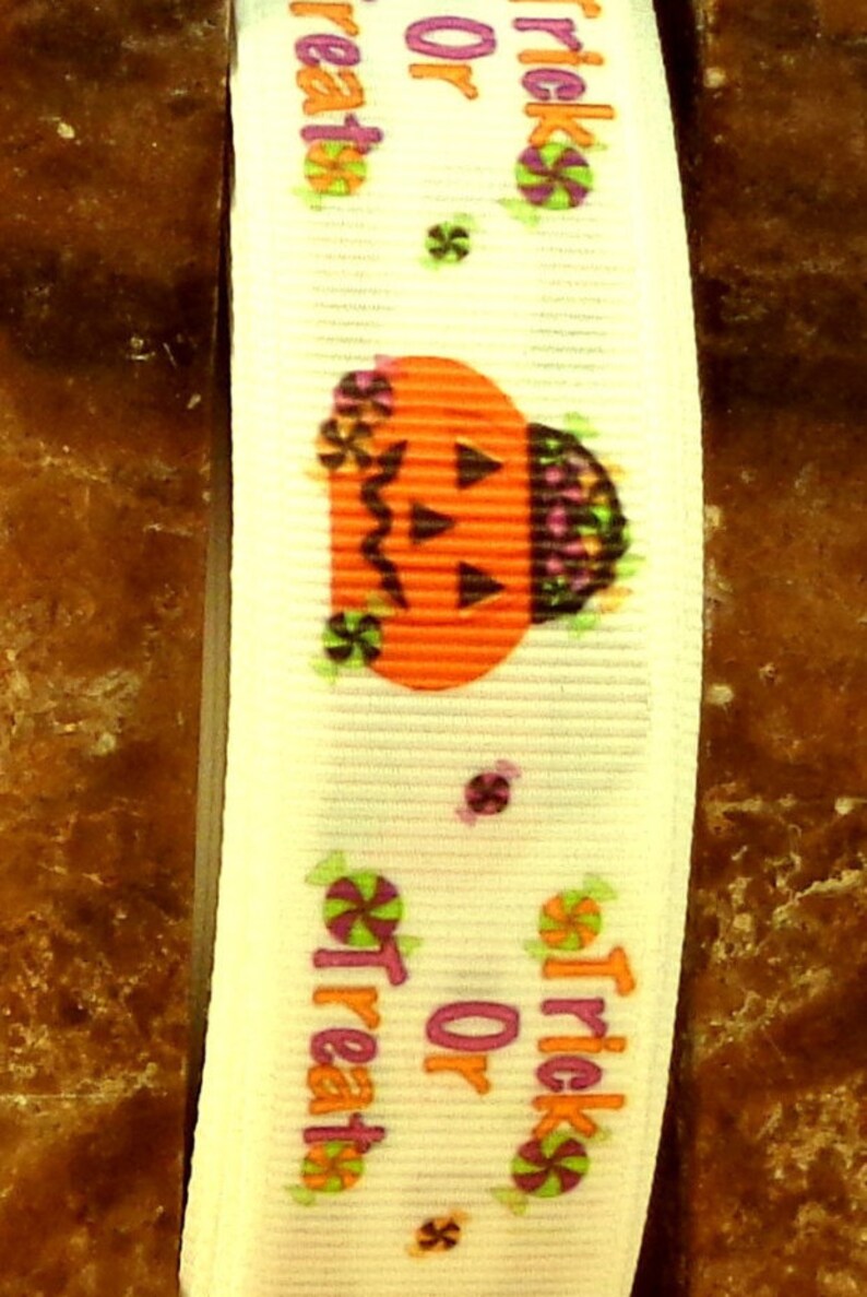 2 Yards 7/8 Trick or Treat Halloween Pumpkin and Candy Print Grosgrain Ribbon image 1
