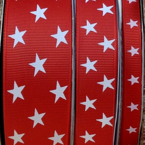 2 Yards 3/8", 7/8" or 1.5" Red with White Stars Print Grosgrain Ribbon - US Designer