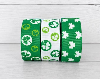 2 or More Yards 1" Green and White Shamrock Grosgrain Ribbon Group | St. Patrick's Day Clovers | Irish Ribbon for Wreaths & Spring Crafts