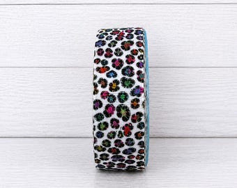 2 Yards 7/8" Glitter Leopard Print Grosgrain Ribbon | White Sparkle Animal Print Ribbon | Extra Stiff Ribbon