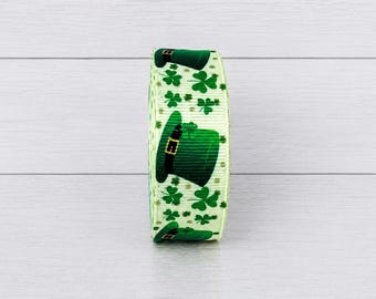 2 Yards 7/8" St. Patrick's Day Leprechaun Hat Grosgrain Ribbon | Shamrock Irish Ribbon | Green Clover Ribbon for Wreaths, Hair Bows
