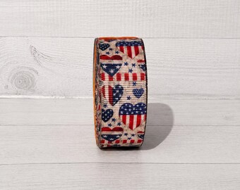 2 Yards 7/8" Patriotic Heart Grosgrain Ribbon – Red, White and Navy Stars and Stripes on Natural Background