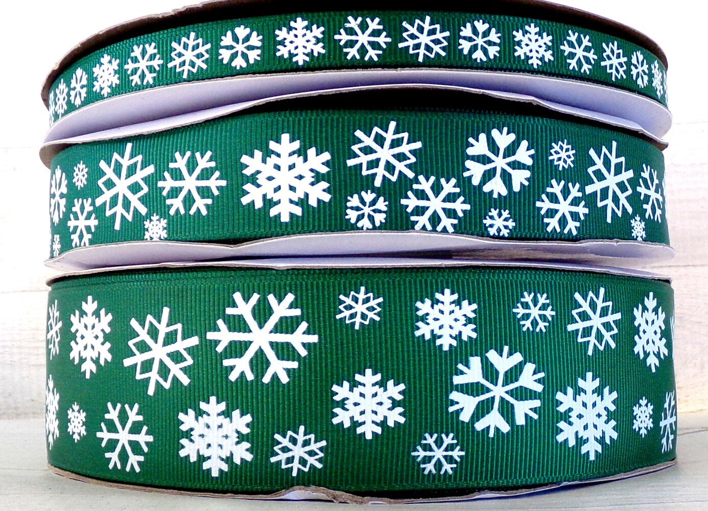 2 or More Yards 3/8", 7/8" or 1.5" Forest Green Snowflake Winter Christmas - Holiday Print Grosgrain Ribbon - US Designer