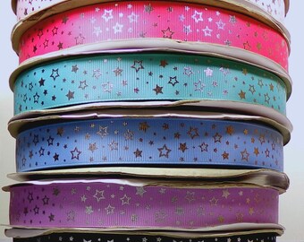 2 Yards or More of 1" Silver Foil Sparkle Star Grosgrain Ribbon Print - Your choice of Color