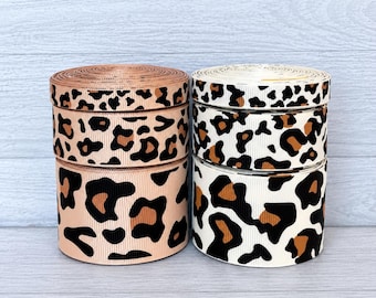 2 or More Yards 3/8" 7/8" or 1.5" Ivory or Tan Wildcat Leopard Cheetah Print Grosgrain Ribbon