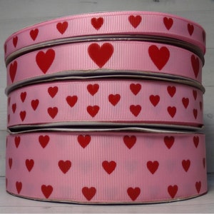 2 Yards of Your Choice of 3/8, 5/8&quot;, 7/8&quot; or 1.5&quot; Valentines Day Red Hearts on Pink Grosgrain Ribbon Print