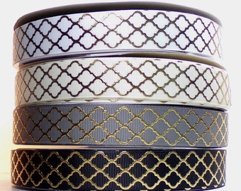 2 Yards or More 7/8" Gold Foil Quatrefoil -  Arabesque Print Grosgrain Ribbon - Your Choice of Color