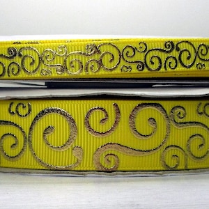 2 or More Yards 3/8&quot; or 7/8&quot; Yellow with Gold Foil Scroll - Swirl Print Grosgrain Ribbon - U.S. Designer