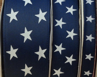 2 Yards 3/8", 7/8" or 1.5" Navy Blue with White Stars Print Grosgrain Ribbon - US Designer