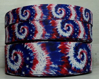 2 Yards 5/8", 7/8" or 1.5" Patriotic Tie Dye Swirl Fourth of July Print Grosgrain Ribbon