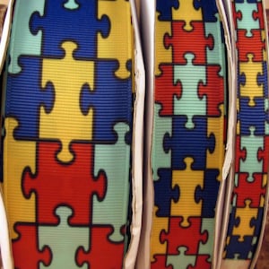 2 Yards 3/8&quot;, 7/8&quot; or 1.5&quot; Autism Awareness - Puzzle Piece Print Grosgrain Ribbon - US Designer