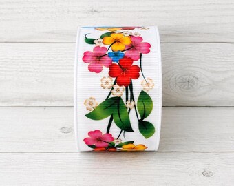 2 Yards 1.5" Pansy and Baby's Breath Floral Print Grosgrain Ribbon