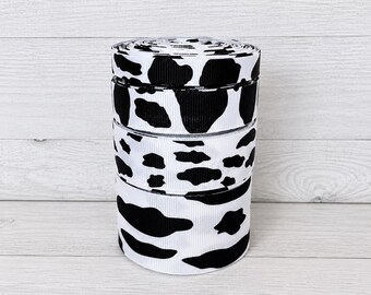 2 or More Yards 3/8", 5/8", 7/8" or 1.5" Black & White Cow Print Grosgrain Ribbon | Cowhide Ribbon | Farm Animal Ribbon | Western Craft
