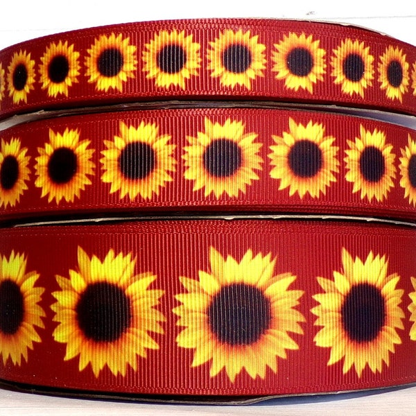 2 Yards 5/8", 7/8" or 1.5"  Bold and Beautiful Sunflower Fall Thanksgiving Print Grosgrain Ribbon