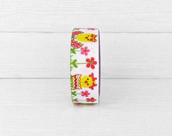 Cinta de grosgrain de 2 yardas y 7/8" con pollitos de Pascua – Cinta colorida con forma de huevo de Pascua y flor – Cinta para manualidades con pollitos de primavera – Cinta para cestas de Pascua