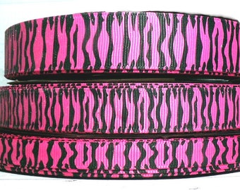 2 Yards 3/8", 5/8" or 7/8" Hot Pink with Black Zebra - Tiger Stripe Print Grosgrain Ribbon