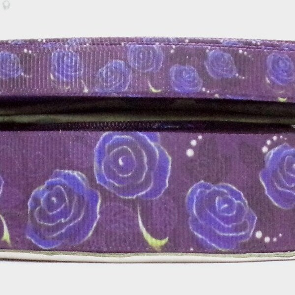 2 Yards 3/8" or 1" Dark Purple with Blue Roses - Flowers Print Grosgrain Ribbon