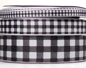 2 or More Yards 3/8", 7/8" or 1.5" Silver - Gray and Black Plaid Print Grosgrain Ribbon - US Designer