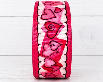 2 Yards 1" Pink and Red Hearts Grosgrain Ribbon – Whimsical Valentine Ribbon – Love Hearts Craft Ribbon