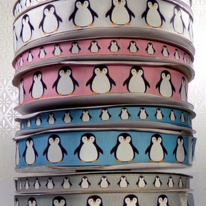 2 Yards 3/8&quot; or 7/8&quot; Winter Holiday Penguin Print Grosgrain Ribbon in your choice of color - US DESIGNER