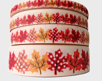 2 Yards of Your Choice of 3/8, 5/8", 7/8" or 1.5" Fall Patterned Maple Leaves  Grosgrain Ribbon Print